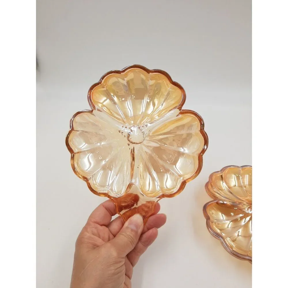 Jeannette Glass Marigold Iridescent Carnival Glass Doric Clover Leaf Candy Dish